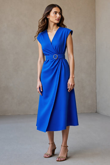 A Line Royal Blue Midi Work Dress with Belt